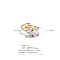 JINYOU 7234 Bague ajustable ouverte en acier inoxydable avec double zircon cubique exquis en forme de goutte d'eau pour usage quotidien