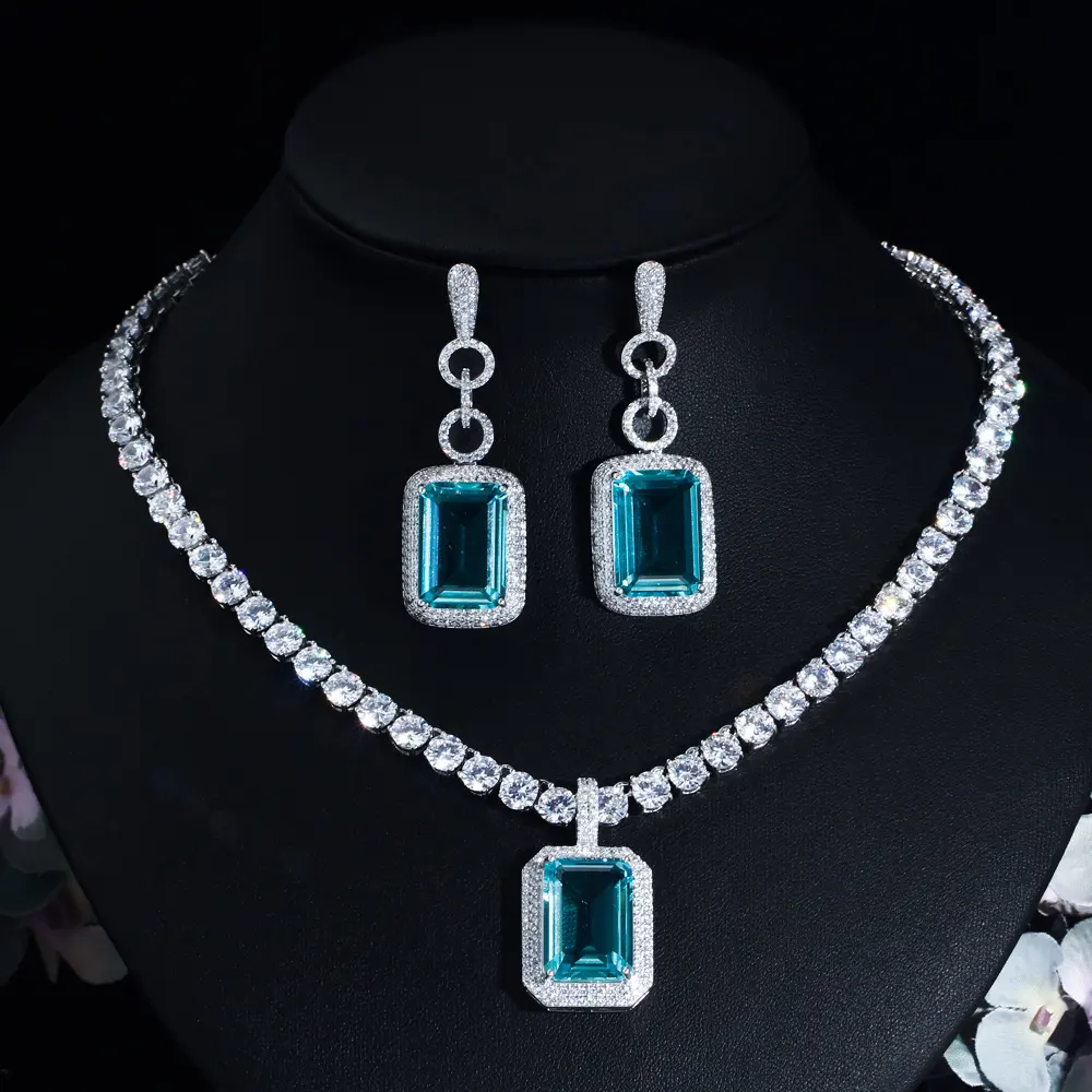 Luxury Big Blue Square Shaped CZ Stone White Tennis Necklace And Earrings Set Women Wedding Party Pendant Jewelry Accessories