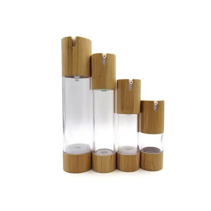 Vazio bambu cosmético plástico recipiente spray loção bomba soro garrafa 15ml 30ml 50ml 100ml com madeira bambu tampa
