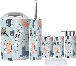 Ensemble d'accessoires de salle de bain 6 pièces motif sans couture différents chats drôles texture enfantine créative grand décor à la maison en Stock - Product Image 1