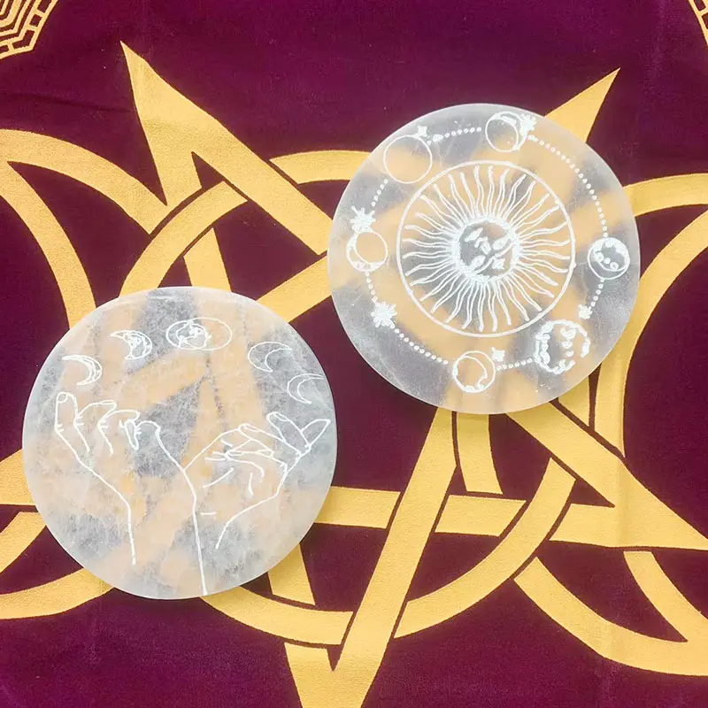 Premium quality Laser Engraved Hand Painted Selenite Charging Round Plates with picture print
