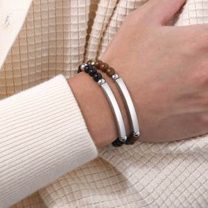 Adjustable Braided <b>Rope</b> Beaded <b>Bracelet</b> With Blank Stainless Steel Curved Bar Natural Stone Custom Engravable <b>Bracelet</b> - Product Image 4