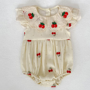 Nuevo Mameluco para Bebé Niña, Mameluco de Verano con Bordado de Cerezas, Cuello de Encaje, Manga con Volantes, Body de Algodón, Ropa para Bebés - Product Image 3