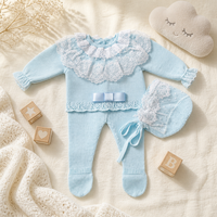 KAIYUE Combinaison en coton pour bébé, tricotée sur mesure, pour nouveau-né, avec col en dentelle argentée ornée, barboteuse à pieds, layette avec bonnet, couverture et nœud
