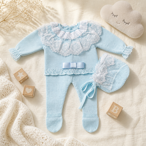 KAIYUE Pelele de algodón <span class=keywords><strong>para</strong></span> bebé, tejido a medida, <span class=keywords><strong>para</strong></span> recién nacido, con cuello de encaje plateado adornado, pelele con pies, juego de ropa de recién nacido con gorro, manta y lazo - Product Image 3