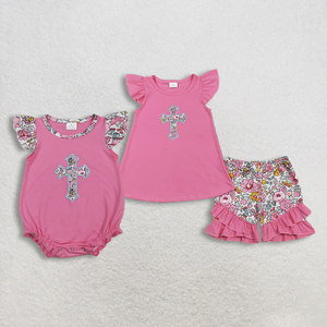 Ropa de Primavera al por Mayor para Niños, Ropa para Niña Pequeña, Conjunto de Pantalones Cortos Rosas con Apliques Florales Cruzados, Ropa Infantil para Pascua - Product Image 1