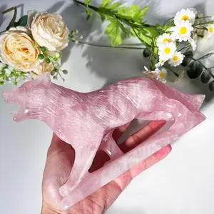 Wholesale Natural Crystal Craft Healing Stones Rose Quartz Wolf Carving Craft For Decoration