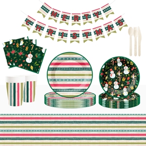 Ensemble de vaisselle de fête personnalisé DAMAI pour Noël, assiettes, gobelets et serviettes en papier à rayures vertes avec impression de bonhomme de neige jetables - Product Image 1