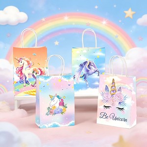 <span class=keywords><strong>Sac</strong></span> fourre-tout en papier <span class=keywords><strong>kraft</strong></span> imprimé couleur licorne de dessin animé, personnalisable, pour emballage de bonbons et bijoux pour fête d'anniversaire - Product Image 1