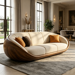 Sofá Curvo Tapizado en Beige con Estructura Exterior de Fibra de Vidrio con Acabado en Madera de Nogal para Espacios Residenciales de Lujo - Product Image 3
