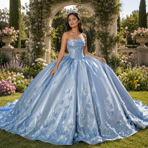Vestido de Quinceañera Elegante Azul Polvoriento Dy8521 con Escote Corazón, Espalda de Encaje, Apliques de Satén Brillante y Falda de Gasa hasta el Tobillo - Product Image 1