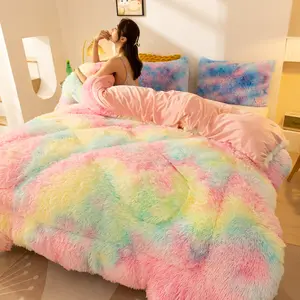 Winter Super Soft Velvet Mink Bedding Blanket Quilt Tie Dye Colorful Warm Long Plush Faux Fur Comforter