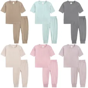 Wholesale Summer Short Sleeve Children 2 Piece Clothing Set Soft Cotton Solid Colour Kid Clothing Set
