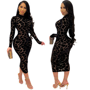 Abiti Aderenti Midi da Festa con Stampa Nera, Maniche Lunghe, Slim Fit, Trasparenti in Rete, Eleganti per Club Notturni, Sexy C13964 - Product Image 3