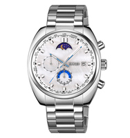 Montre-bracelet élégante pour homme à quartz, boîtier en alliage, bracelet en acier inoxydable, étanche 3 ATM, cadran à phases lunaires, 44 mm