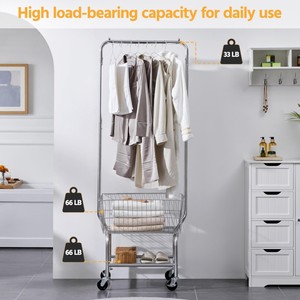 Panier à linge roulant, concierge de blanchisserie commercial avec panier de rangement en fil métallique, chariot à linge en métal avec barre de suspension - Product Image 5