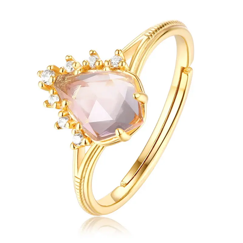 Natuurlijke roze kristallen sieraden 14k vergulde sterling zilveren Quartz diamond ring