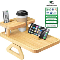 Plateau de service double couche en bois et bambou pour accoudoir de canapé, avec porte-gobelet de voiture et support de téléphone, pour manger, boire du café et télécommander la télévision
