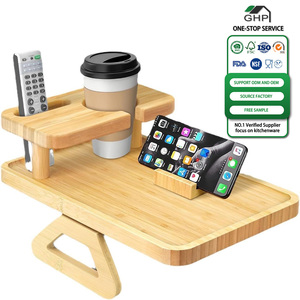 Plateau de service double couche <span class=keywords><strong>en</strong></span> bois et bambou pour accoudoir de canapé, avec porte-gobelet de voiture et support de téléphone, pour manger, boire du café et télécommander la télévision - Product Image 1