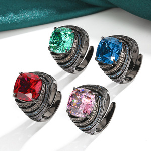 9 Anti Tarnish Jewelry Wholesale High Quality Copper Black Gold Plated 12*12mm Cushion Cut Colorful Cubic Zirconia Rings - Product Image 1