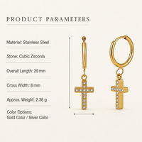 Boucles d'oreilles créoles en acier inoxydable avec breloque croix et zircone cubique CZ 29 mm, bijoux de mode pour femme