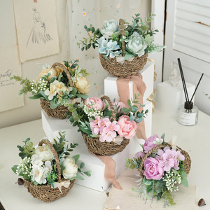 Peony Eucalyptus Bow Hand-woven Plastic <b>Flowers</b> Small Bonsai Set <b>Flower</b> <b>Basket</b> Home Decoration Graduation Crafts - Product Image 1