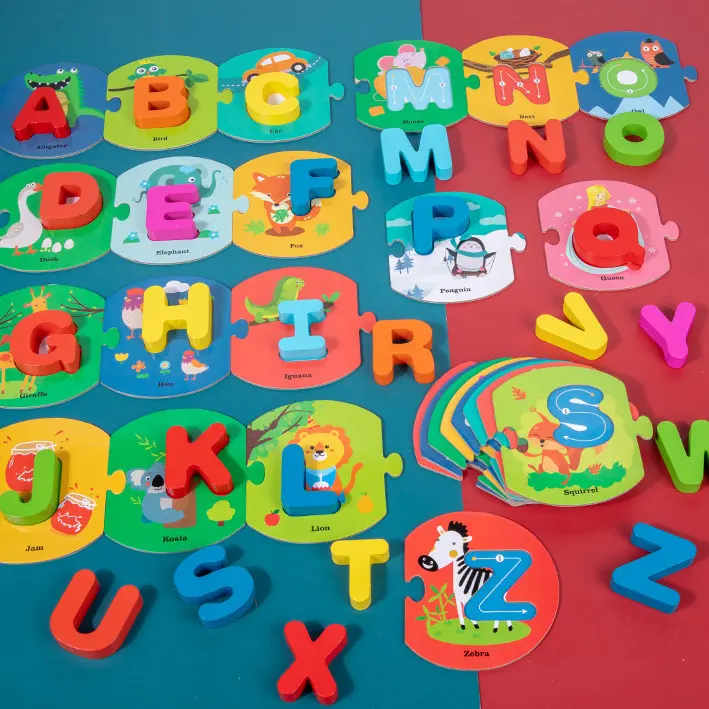 Kartu Alfabet Flash Kegiatan Pembelajaran Prasekolah Hewan Puzzle Flashcards Set Kayu Abc Montessori Mainan Pendidikan untuk Anak-anak