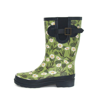 Bottes de pluie en caoutchouc pour femmes, imprimé marguerite verte tendance, avec boucle latérale réglable, imperméables, pour jardin et extérieur