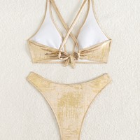 Metallic gouden folie halter O-ring tweedelige bikini met gekruiste rugband en hoge snit