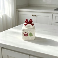 Pot de rangement en céramique à motif de pain d'épices de Noël en relief avec couvercle à nœud rouge 3D, récipient hermétique pour collations, pour la cuisine et la maison festive
