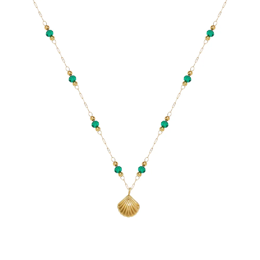 Moge Drop Shipping 18K Gold Plated Stainless Steel Handmade Emerald Green Bead Glass Ball Chain Small Sea Shell Necklace Woman