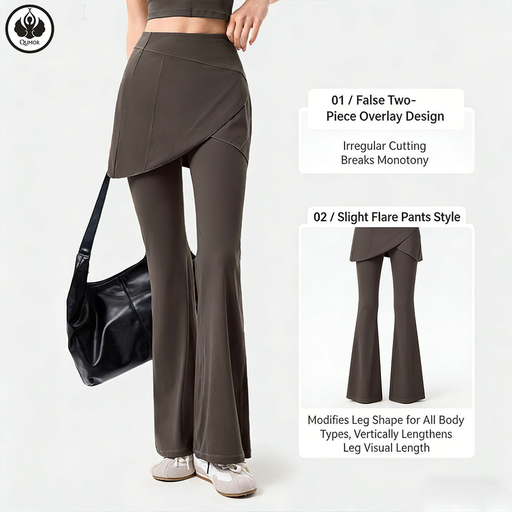 QUMOR Women's High-Waisted Flared Leg Yoga Pants Elastic Waist Four-Way Stretch Breathable Full Length Spandex/Nylon Fitness Gym