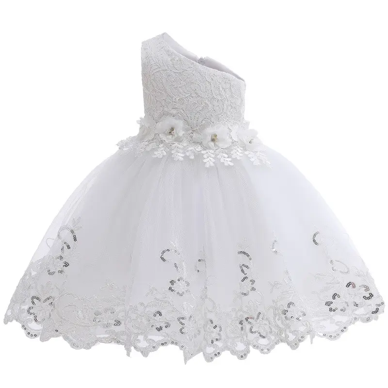 LZH Children's Lace Embroidery Princess Dress Little Girls Baptism Birthday Party Kids White Wedding Dress