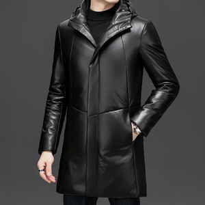 سترة جلدية رجالية للشتاء، تصميم جديد، متوسطة الطول، بغطاء للرأس، من جلد الغنم، محشوة بريش البط الأبيض، معطف واقي من الرياح عالي الجودة - Product Image 5