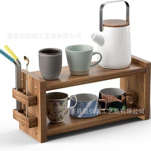 ชั้นวางของไม้เนื้อแข็งพร้อมที่เก็บของแบบมีหลังคา, ที่ใส่ปากกา, ที่วางแก้วกาแฟ, ชั้นวางสองชั้น, ชั้นวางของในบาร์/เคาน์เตอร์ครัว, ชั้นวางเครื่องปรุงไม้ - Product Image 4