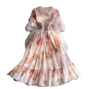 Abito Estivo Personalizzabile Stile Vacanza con Vita Impero, Scollo a V, Maniche a Sbuffo in Pizzo, Casual, Lunghezza Midi, Stampa Floreale Rosa Effetto Pittura a Olio per Donne - Product Image 4