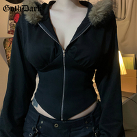 Damen Gothic Chic Streetwear Jacken Herbst Winter Goth Dunkler Kunst pelz kragen Lässig Schlanke Taille Reiß verschluss Kapuzen mäntel Kurze Länge