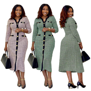 S10983 abiti da ufficio eleganti alla moda da donna Casual elegante con scollo a V a <span class=keywords><strong>maniche</strong></span> <span class=keywords><strong>lunghe</strong></span> abito sottile in maglia formale - Product Image 1