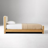 Lit double moderne en bois massif de luxe léger avec tête de lit en tissu lin beige, mobilier de chambre durable pour appartement