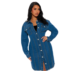 Vestidos de mezclilla lavada de verano de alta calidad para mujer, corte A, con cuello vuelto, manga larga, largo midi, cinturón, estilo casual tipo camisa - Product Image 2