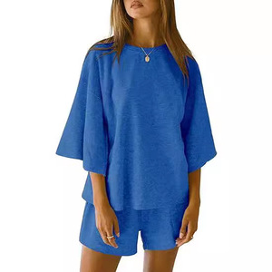 Ensemble 2 pièces pour femmes, haut à manches trois-quarts, short à taille élastique, costume décontracté, couleur unie, SMLXLXXL, blanc, noir, gris, bleu, kaki - Product Image 4