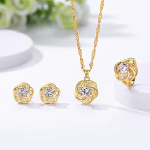 Fashion Arabic Jewelry Dainty Gold Necklace Pendant And Gold Rings Earrings Women Jewelry Sets