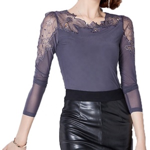 Women Casual Plus Size <strong>Sheer</strong> Long Sleeve Embroidery Crochet Lace Chiffon Tops <strong>Blouse</strong> for Summer - Product Image 1