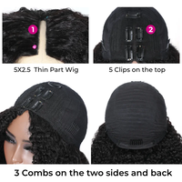 Perruque V-Part 250% Kinky Curly en Cheveux Humains, Sans Laisser de Cheveux Extérieurs, Perruque Demi-Tête en V à Boucles Profondes, Sans Colle, à Clipser, pour Femmes