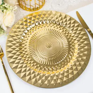 13 Zoll glänzende Gold-Diamant-Muster Kunststoff Teller funkelnde runde Essens-Servierplatten für Hochzeitsempfang