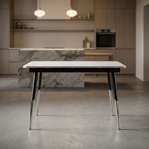 Modern Extendable Marble Dining <b>Table</b> White Top Butterfly Mechanisma Black Chrome Metal <b>Legs</b> Space Saving Furniture for 6-8 Pers - Product Image 4