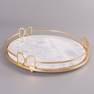 Großhandel Marmor Kreis Lebensmittel Anzeige Tablett Vintage Marmor Ramadan Kerze Schmuck Uhr Lagerung Serviert ablett mit Gold griff - Product Image 2