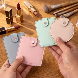 Creative Modern Embossed PU Leather <b>Foldable</b> Square Portable Travel Handheld Round Small Carry-on Makeup <b>Mirror</b> - Product Image 2