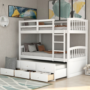 Twin Bunk <b>Bed</b> with Trundle and 3 Drawers White for Teens Bedroom Guest Room Furniture - Product Image 1