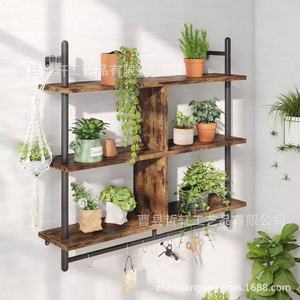 Wooden And Wrought Iron Wall <b>Shelf</b> 3 Tier With <b>Hooks</b> For Kitchen Storage And Display - Product Image 4